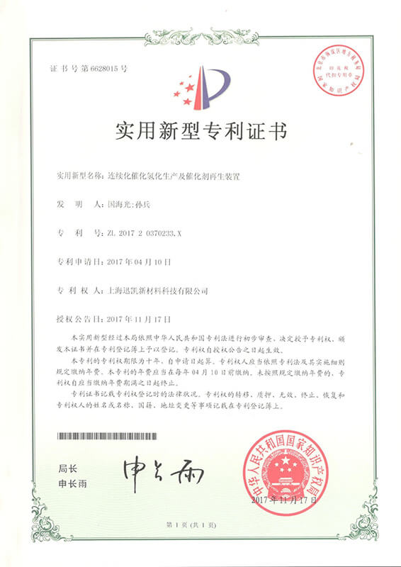 13 Utility Model- Continuous catalytic hydrogenation production and the device for catalyst reactivation